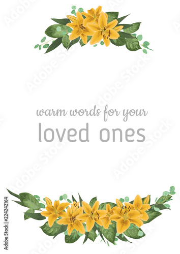 Vector vertical card floral design with green watercolor, herbs, leaves eucalyptus, yellow lily, botanical green, decorative frame, border. Postcard template, elegant cute greeting