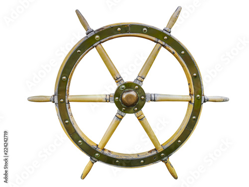 Vintage wooden ship steering wheel rudder isolated on a white background. Old ship vintage, wooden steering wheel isolated on white background