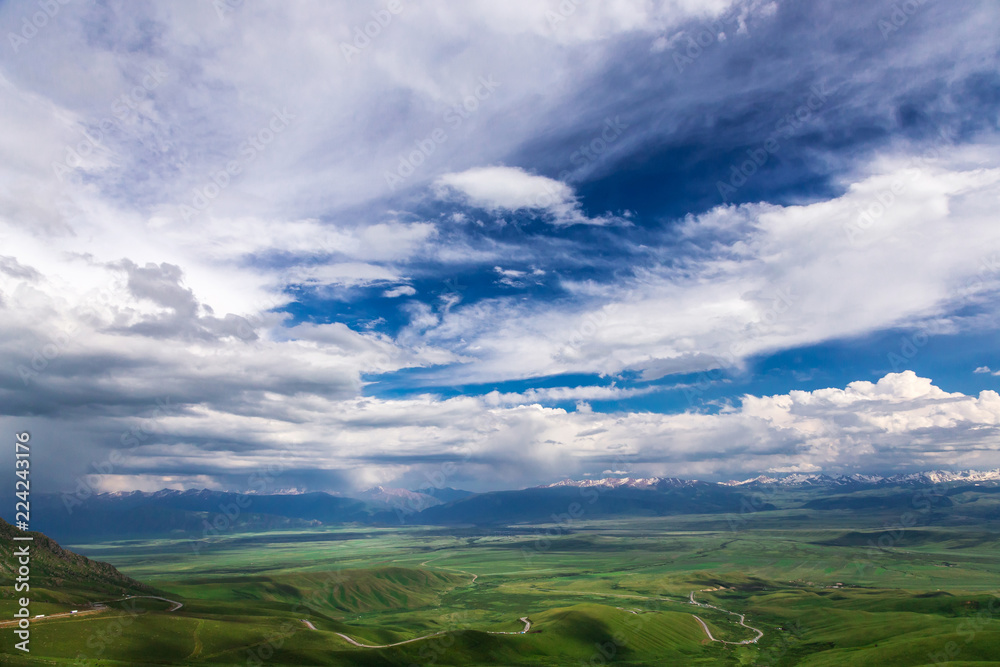 Mountain landscape. High mountain green valley. Suusamyr Valley. Kyrgyzstan
