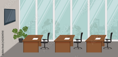 Office room for business trainings and seminars. Conference hall. There is a screen, desks and black chairs on a window background in the image. Vector illustration