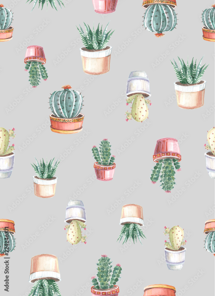 watercolor seamless pattern of cacti and succulents. watercolor background