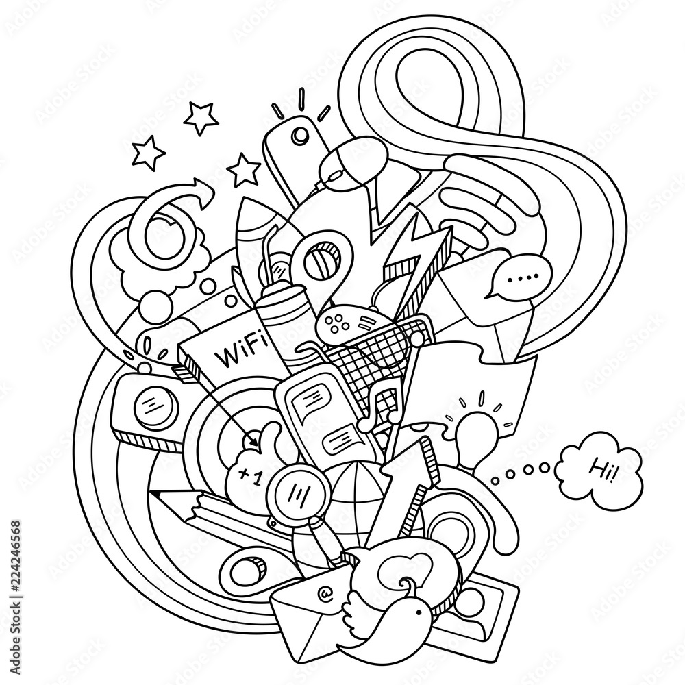 Doodles social media. Technology objects with doodle wave for coloring and design. Easy to change colors. Vector illustration.