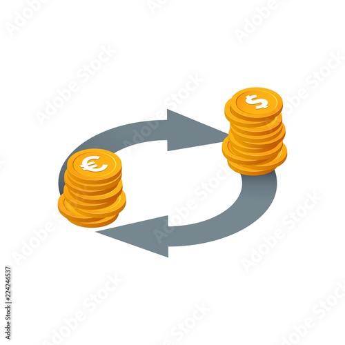 Financial transactions, currency exchange, money conversion vector icon. Isolated Isometric stack of coins with arrows on white background.