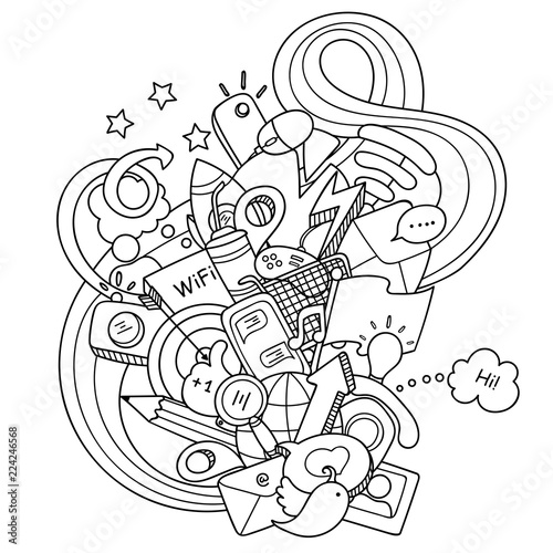 Doodles social media. Technology objects with doodle wave for coloring and design. Easy to change colors. Vector illustration.