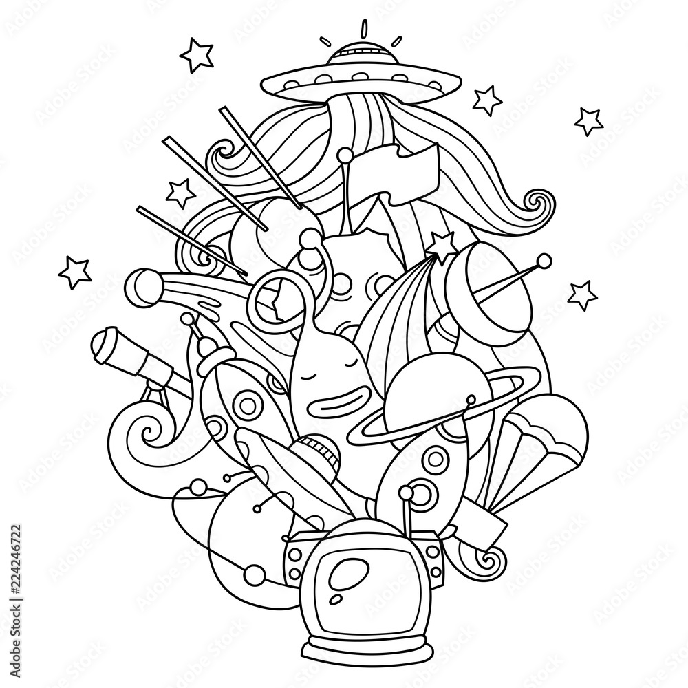 Doodles outer space. Cosmos objects with planets, rockets and alien. Vector emblem for coloring or design. Easy to change colors. Doodles outer space. Cosmos objects with planets, rockets and alien. Vector emblem for coloring or design. Easy to change colors.