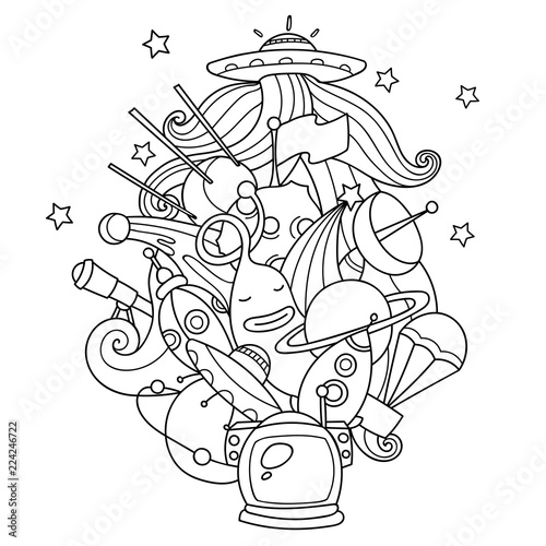 Doodles outer space. Cosmos objects with planets, rockets and alien. Vector emblem for coloring or design. Easy to change colors.