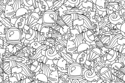 Doodles outer space seamless pattern. Cosmos objects with planets, rockets and alien. Vector background for coloring or design. Easy to change colors.
