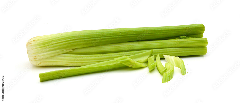 Green fresh celery stick isolated on white, Green fresh celery stick isolated on white,
