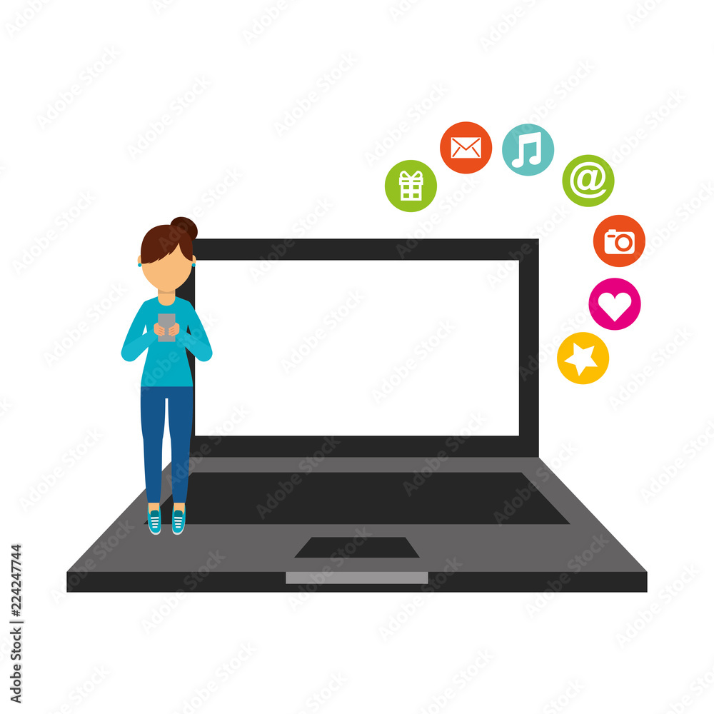 girl using cellphone standing on laptop social media girl using cellphone standing on laptop social media