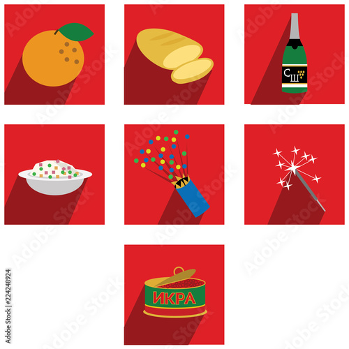 Set of new year icons in russian style on red background.