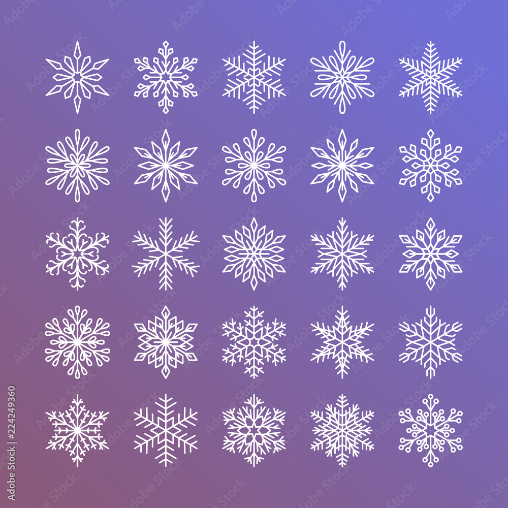 Cute snowflakes collection isolated on gradient background. Flat line snow icons, snow flakes silhouette. Nice element for christmas banner, cards. New year ornament.