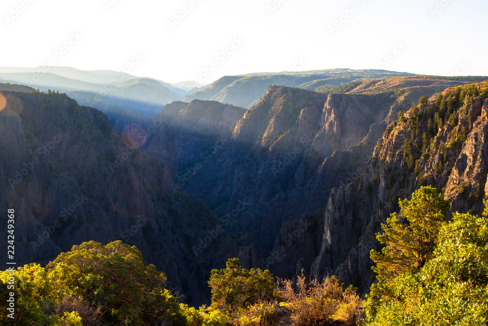 Early dawn light hits the upper cliff walls and bright autumn foliage at Black Canyon of the Gunnison National Park in Colorado