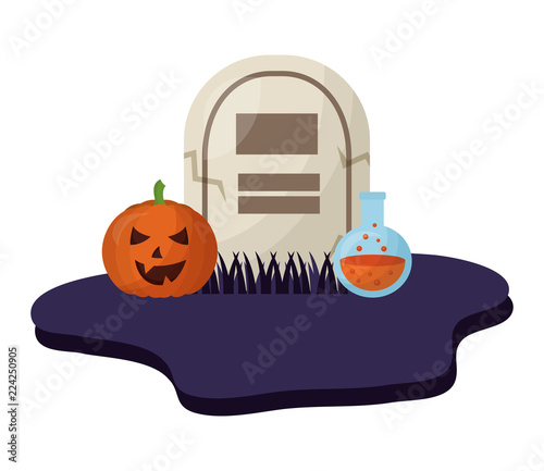 halloween tomb with pumpkin and poison isolated icon