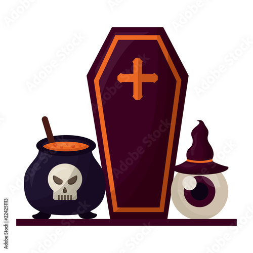 halloween coffin with set icons
