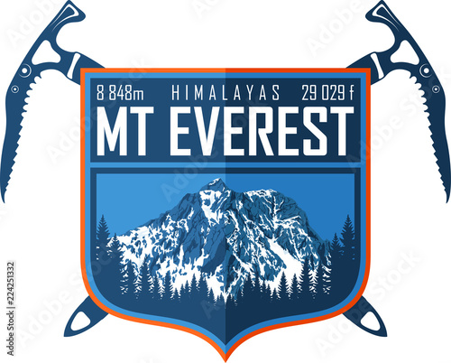 Vector Everest mountain logo. Emblem with highest peack in world. Mountaineering label illustration.