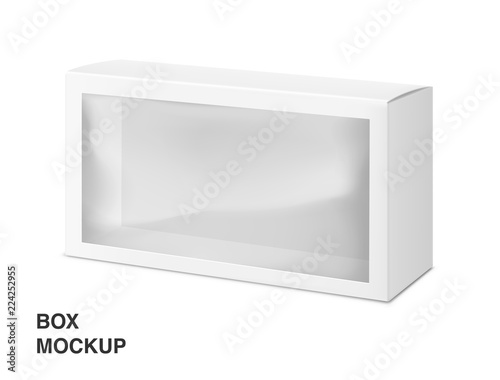 Universal mockup of blank cardboard box with transparent window. Vector illustration isolated on white background, ready and simple to use for your design. EPS10. 