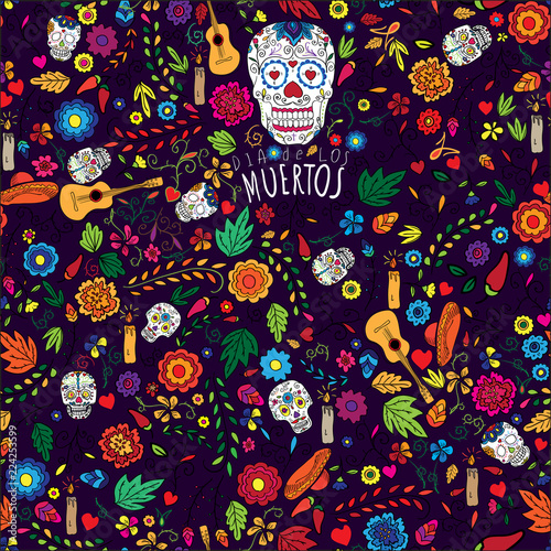 Floral garden. Holiday illustration for Day of the dead or Halloween.