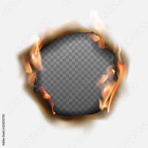 Vector realistic hole burnt in paper with brown edges and flames on transparent background
