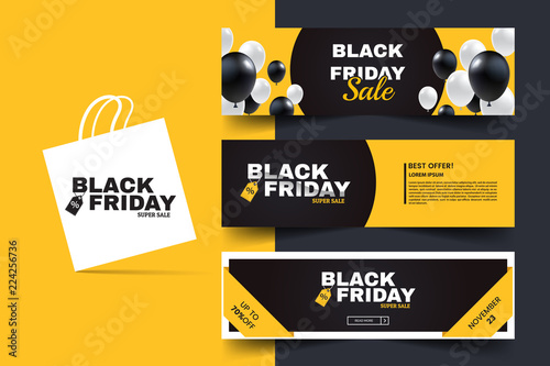 Black friday horizontal promotion web banner set. Sale banners design template. Yellow and black geometric background. Black and white balloons. Minimalistic discount flyers.Vector illustration
