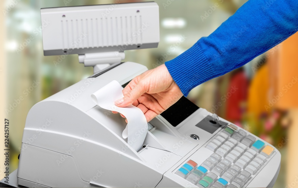 Cash register with LCD display and worker's Cash register with LCD display and worker's