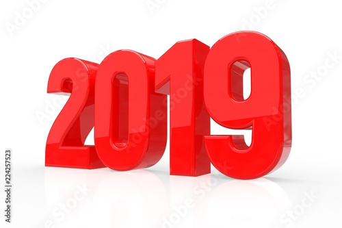 2019 Red Glossy Numbers isolated on white background. Happy New Year 2019. 3D Illustration.