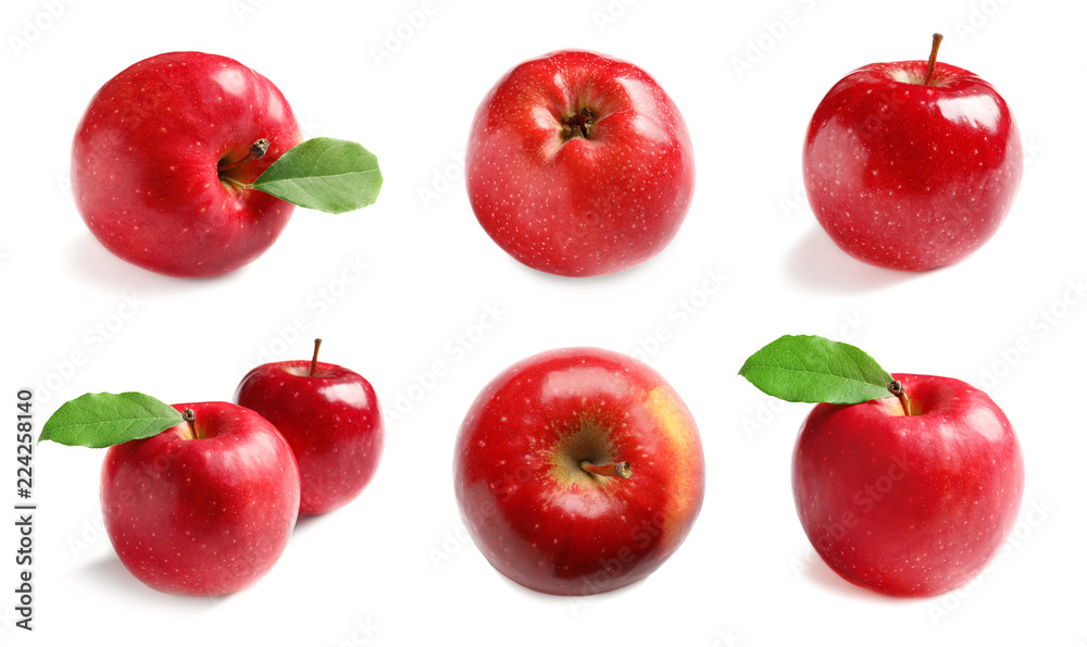 Set with delicious red apples on white background Set with delicious red apples on white background