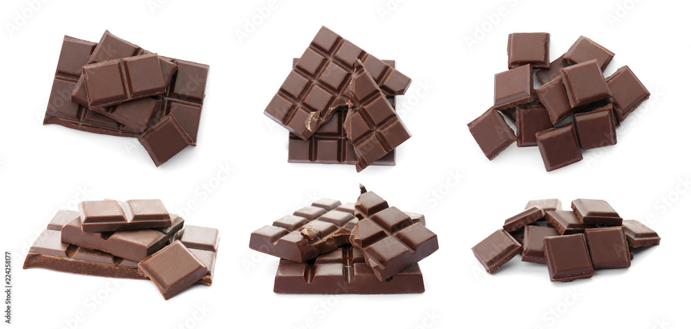 Set with delicious chocolate on white background Set with delicious chocolate on white background