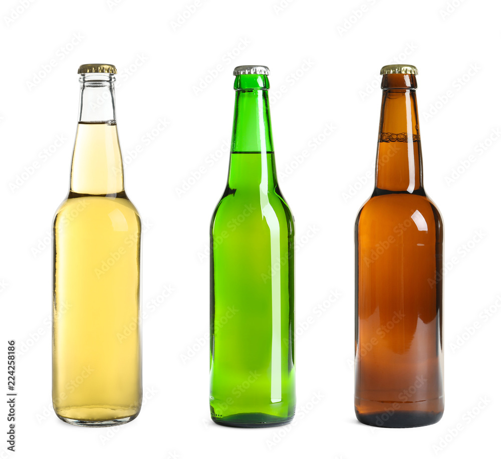 Set with different beer bottles on white background Set with different beer bottles on white background