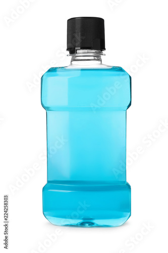 Bottle with mouthwash for teeth care on white background photo