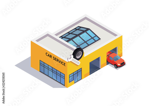 Auto service isometric icon with car. Flat vector style illustrarion.