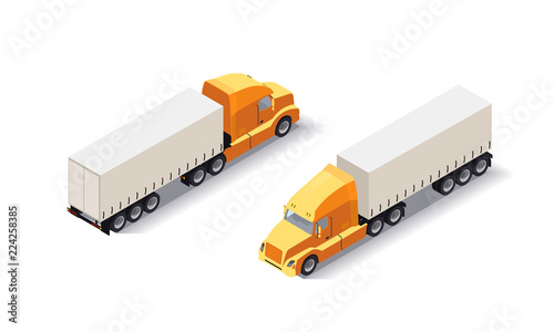Isometric Truck trailer with goods. Cargo delivering vehicle on white background. Fast shipping tranport. Flat style illustration.