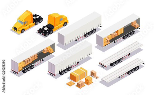 Set element cargo transport. Flat 3d isometric high quality city transport. cargo truck, trailer.