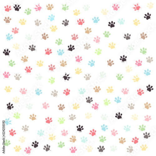 Huellas de perro de colores suaves con pequeñas salpicaduras sobre fondo blanco. photo
