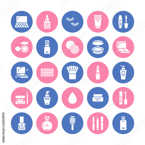 Makeup beauty care flat glyph icons. Cosmetics illustrations of lipstick, mascara, powder, eyeshadows, cushion foundation, nail polish, hair brush shampoo sign. Solid silhouette pixel perfect 64x64.