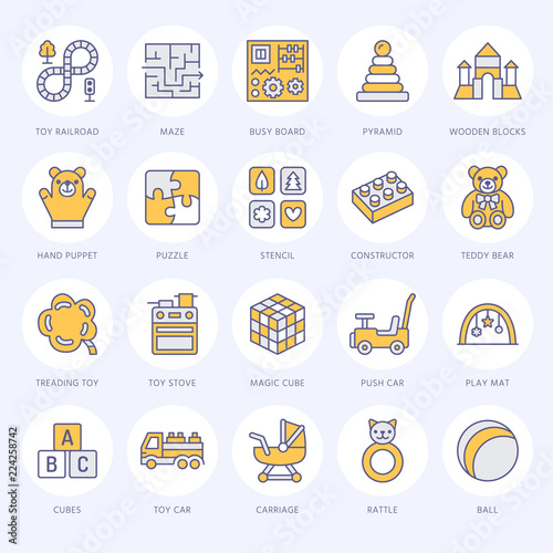 Early development baby toys flat line icons. Play mat, sorting block, busy board, carriage, toy car, kids railroad, maze, clay, stroller illustrations. Thin signs for montessori education.