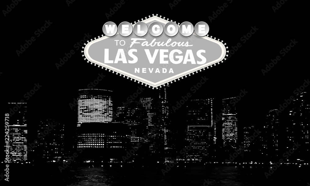 Welcome to Fabulous Las Vegas Nevada. Classic retro Welcome to Las Vegas  sign on big city background. Simple modern vector style illustration. Black  and white Stock Vector