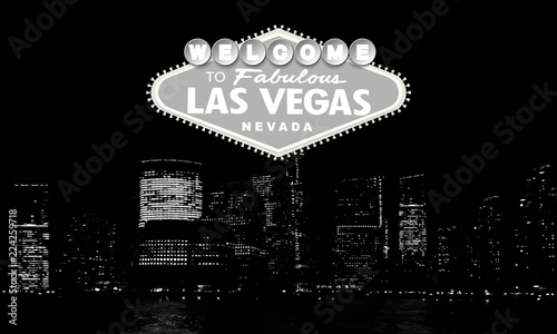 Welcome to Fabulous Las Vegas Nevada. Classic retro Welcome to Las Vegas sign on big city background. Simple modern vector style illustration. Black and white