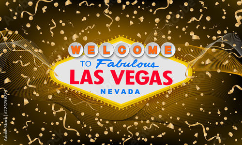 Classic retro Welcome to Las Vegas sign on colorful new year background. Happy new year 2019 gold background. Simple modern vector style illustration. Vector colourful serpentine and confetti.