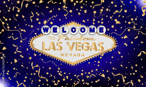 Classic retro gold Welcome to Las Vegas sign on blue background. Happy background. Simple modern vector style illustration. Vector colourful serpentine and confetti.