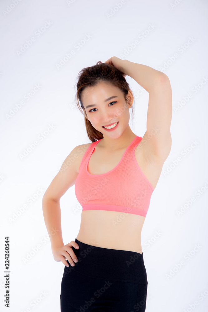 Beautiful portrait young asian woman in sport clothing with satisfied and confident isolated on white background, girl asia have shape and wellness, exercise for fit with health concept. Beautiful portrait young asian woman in sport clothing with satisfied and confident isolated on white background, girl asia have shape and wellness, exercise for fit with health concept.