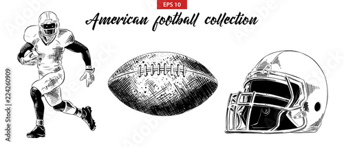 Vector engraved style illustration for posters, decoration. Hand drawn sketch of american football player, ball and helmet set isolated on white background. Detailed vintage etching drawing.