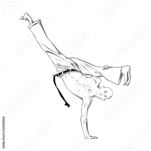 Vector engraved style illustration for posters, decoration and print. Hand drawn sketch of capoeira dancer in black isolated on white background. Detailed vintage etching style drawing.