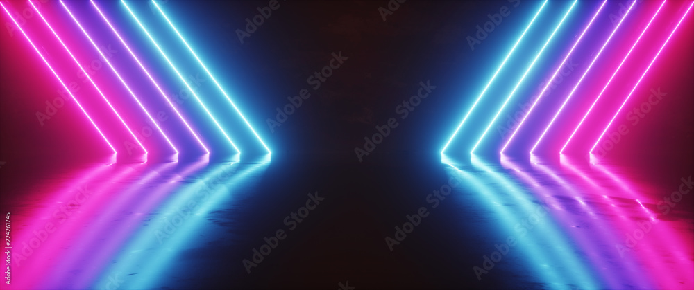 Futuristic Sci-Fi Abstract Blue And Purple Neon Light Shapes On Black ...