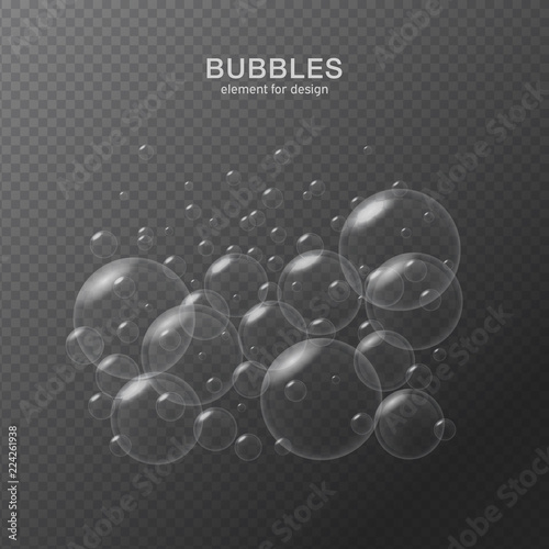 White water bubbles on transparent background with reflection. Set. Vector illustration