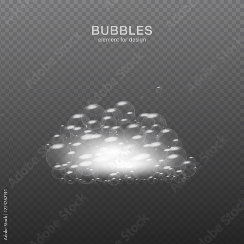 White water bubbles on transparent background with reflection. Set. Vector illustration