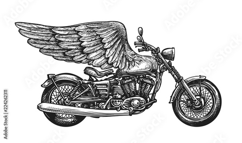 Motorcycle and wings, sketch. Vintage vector illustration