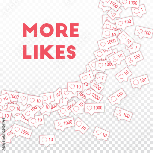 Social media icons. More likes concept. Falling co