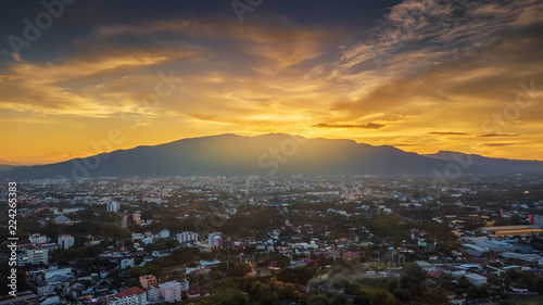CHIANG MAI, THAILAND- AUGUST 7, 2018 : Aerial Panorama View of Chiang Mai City with sunset and twilight sky.