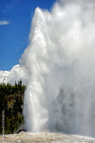Old Faithful geyser with steam and vapor in Yellowstone National Park
