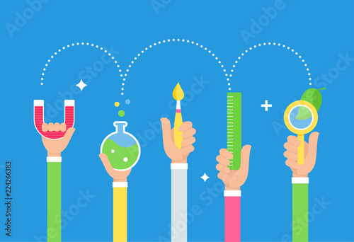 Steam Education Approach. Arts and Science. Students Holding Tools in Hands. Vector Design